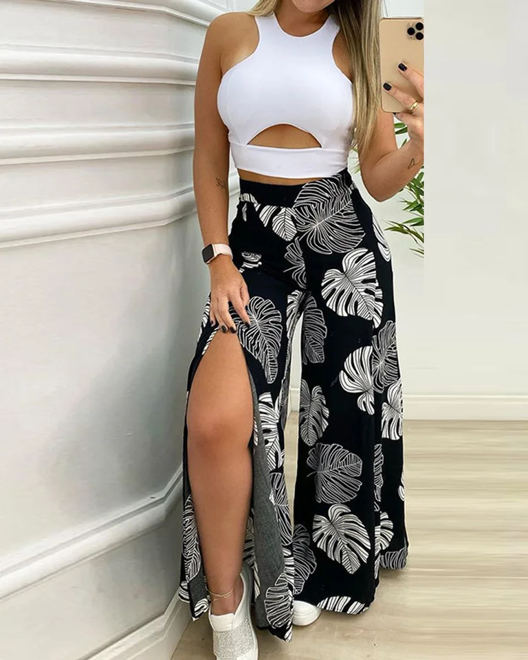 Tuta Estate Donna 2 Pezzi - Canotta E Pantaloni Lunghi Vita Alta, Poliestere - Foto 2