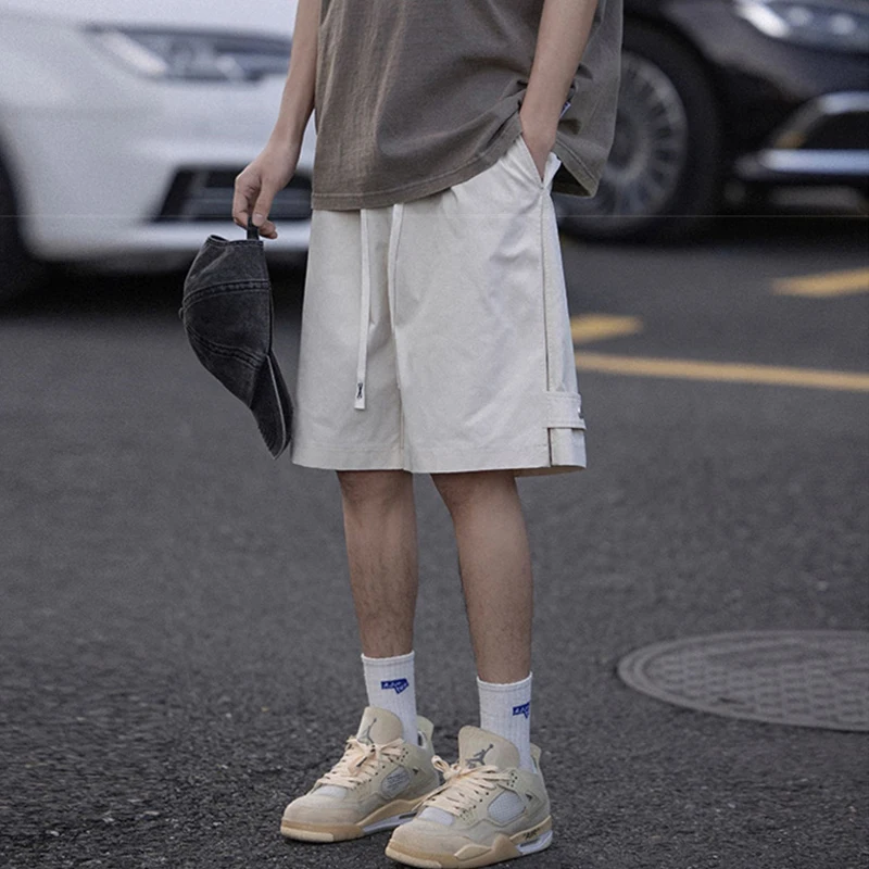 남성용 하이 스트리트 디자인 솔리드 반바지, 미국 캐주얼 비즈니스 소셜 드로스트링 반바지, Y2K 스트레이트 반바지, 2023 신상