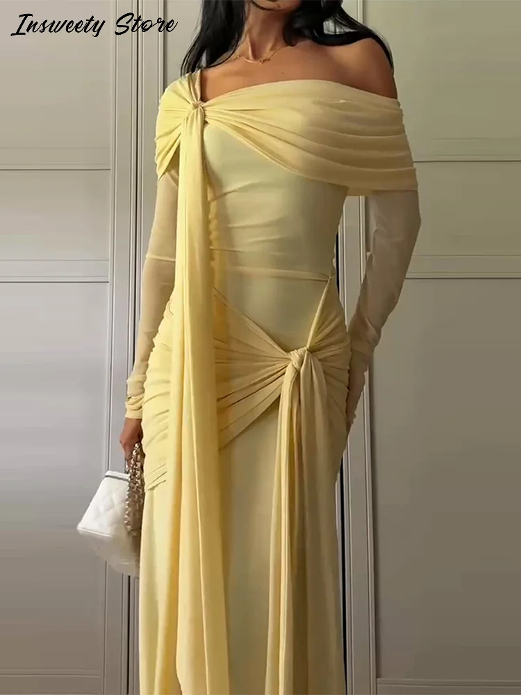 فستان أنيق برباط للنساء مكشوف الكتفين وأكمام طويلة فساتين ثنيات لخريف 2025 رداء حفلات أنيق للسيدات جديد