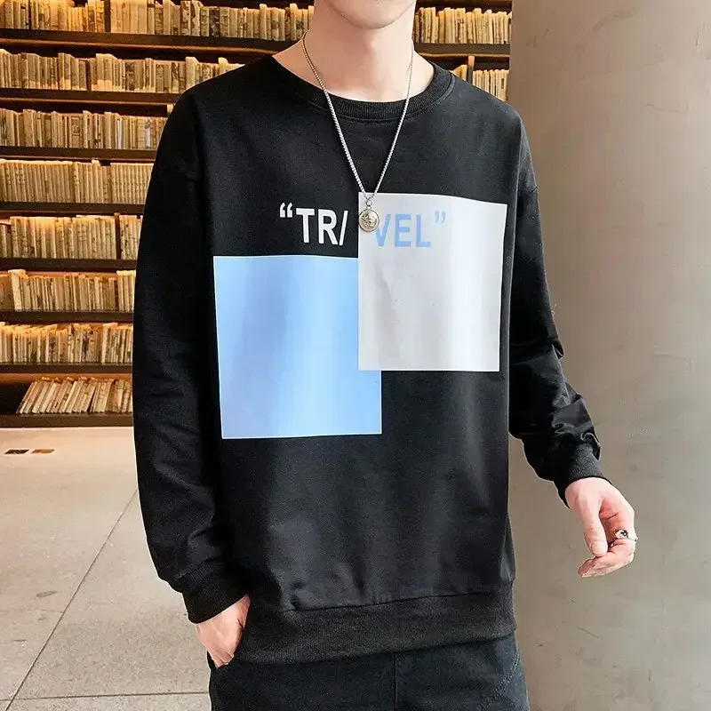thumbnail image 1 of Camiseta estampada para hombre, sudadera con cuello redondo, sudadera azul sin capucha, estilo coreano de invierno, precio bajo, 1 of 4
