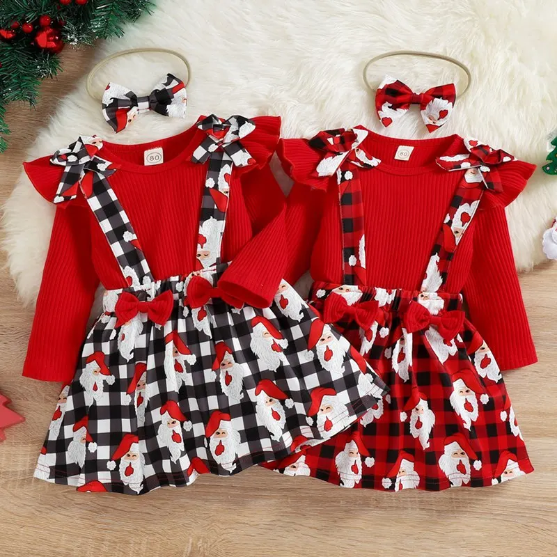 

Children Christmas Matching Outfits Girls Fly Long Sleeve Shirt Suspender Printed Bowknot Skirt headwear Xmas 3Pcs Costume 9M-5Y