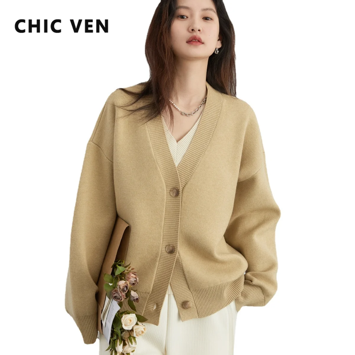 CHIC VEN 여성용 루즈 V넥 스웨터, 긴팔 니트 탑, 한국 인기 의류, 용수철 가을, 2024