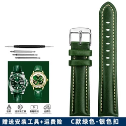 Elegant Green Leather Watch Strap with Butterfly Clasp - Soft Cowhide Band & Tool Included - 20mm (C - green silver)