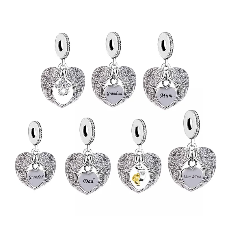 Оригинальный Браслет-талисман Pan, серебро 100% пробы, крылья ангела, собачья лапа, Папа, мама, Grandad, бабушка, браслет для памятного украшения