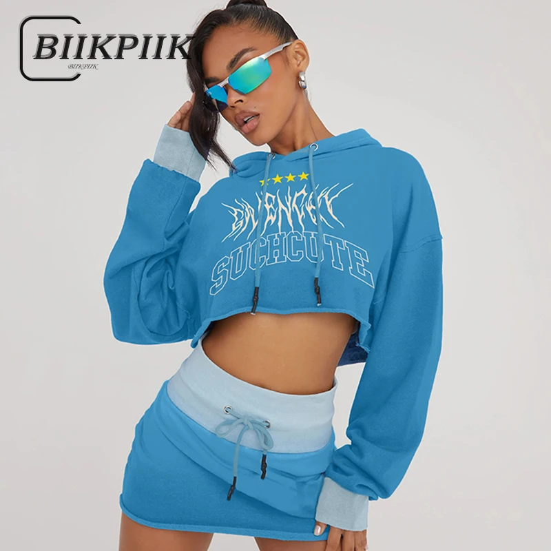 BIIKPIIK Blue Gradient Printed Women Sets Street Style Hooded Pullover Top + Drawstring Mini Skirt Autumn Casual Fashion Outfits tourist men s jeans street casual men s jeans fashion casual elastic tights men four season blue pencil pants men slim fit pants