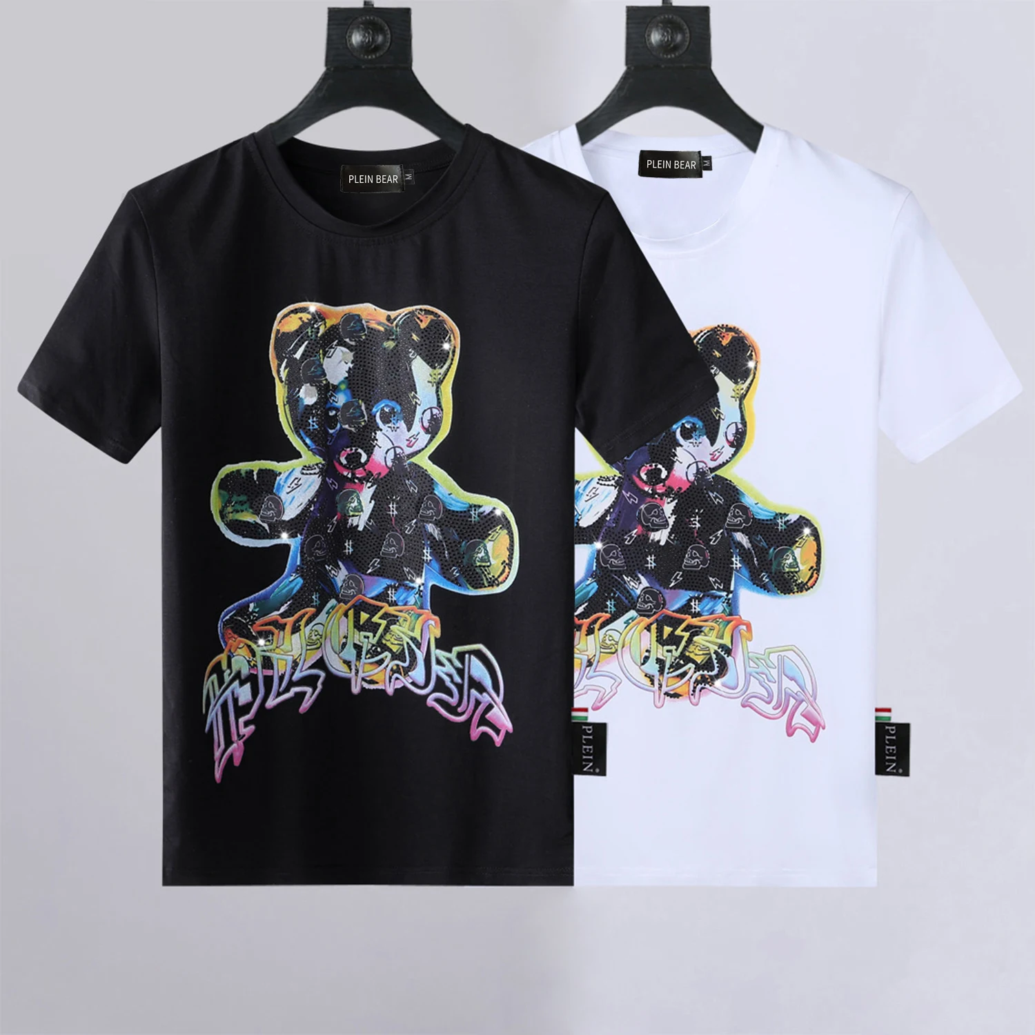 

PLEIN BEAR Men's T-SHIRT ROUND NECK SS TEDDY GLASS with Crystal Skull 100% Cotton T-shirts Men Tops Comfortable Tees 1259