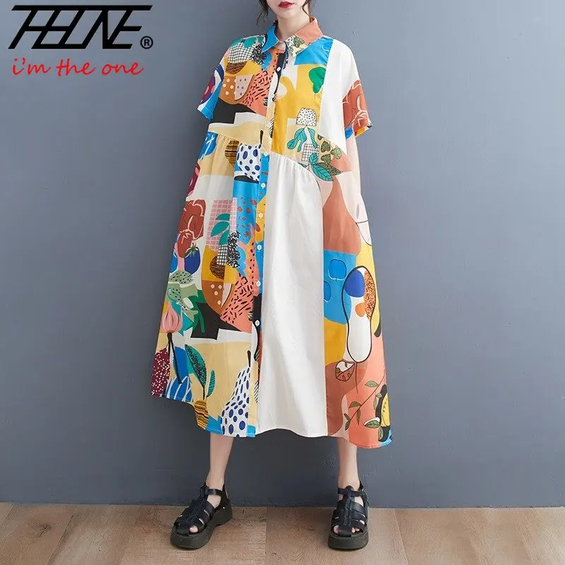 

Женское длинное свободное платье, повседневное хлопковое платье большого размера с винтажным мультяшным цветочным принтом, лето 2023