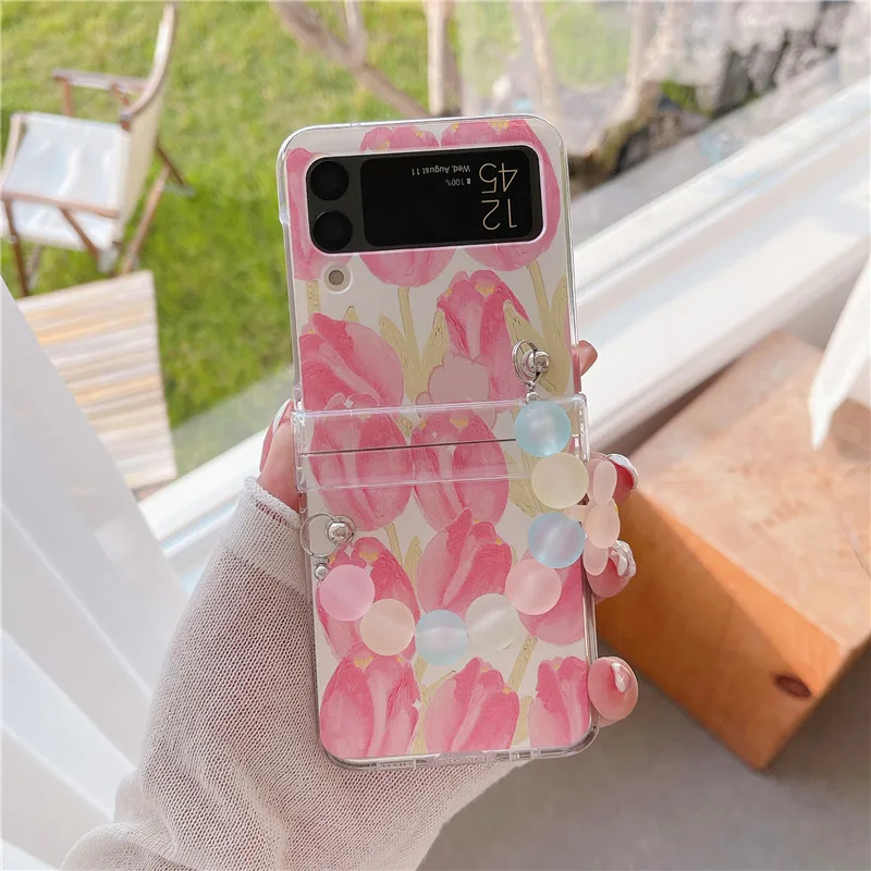 

Чехол для Samsung Z Flip 4 3, прозрачный складной чехол-Тюльпан для телефона с браслетом Для Samsung Z Flip3 ZFlip4, жесткая задняя крышка