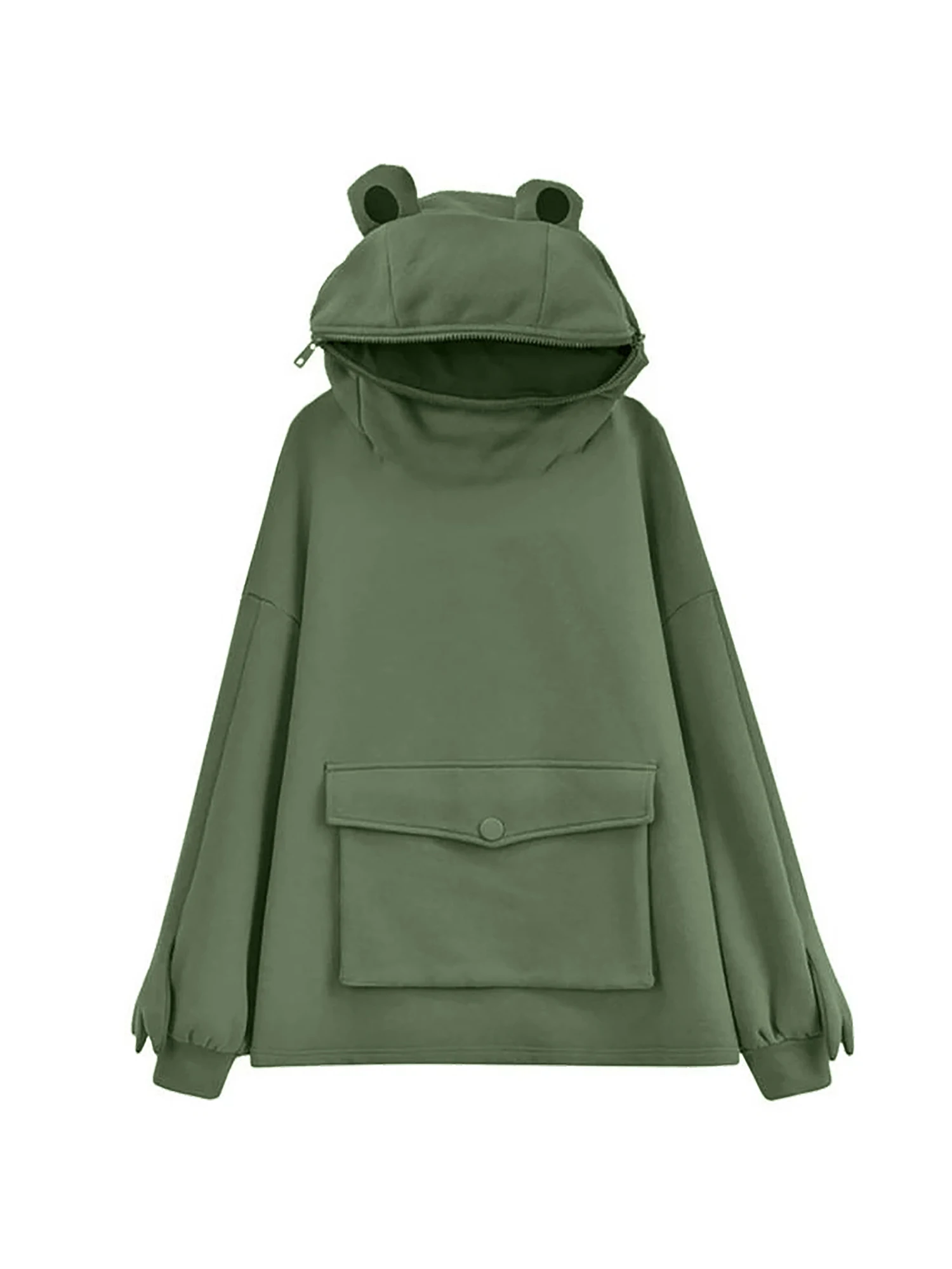 

Autumn Winter Frog Hoodie for Women Sweatshirt Solid Color Hooded with Flap Pocket Casual Fashion Lazy Style Coat Loose Top