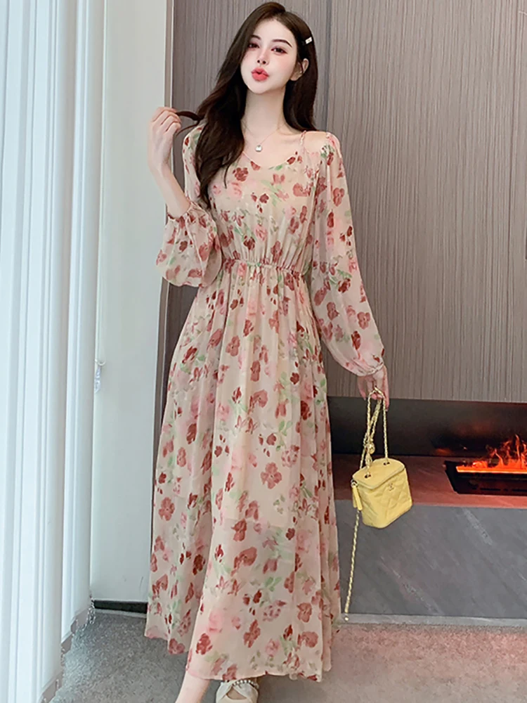 Spring Autumn Pink Floral Chiffon Casual Beach Long Dress