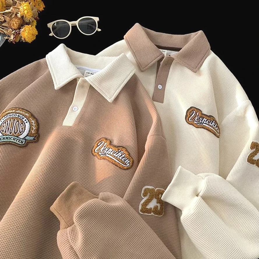 Ele Long Sve Men's  irt with Letter Embroidery And Collar American Sle Sweatirt Trendy Loose Fit Teenage Wear