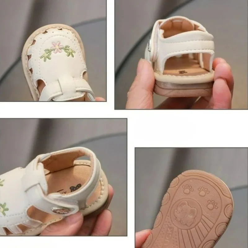 Summer Girls Sandals Cute Flower Embroidered Anti-slip Soft Sole Shoes for 0-1 Year Old Baby First Walkers Kid Outdoor Shoes