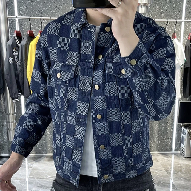 Men Casual Lapel Single Row Checkerboard Plaid Loose Denim Jacket