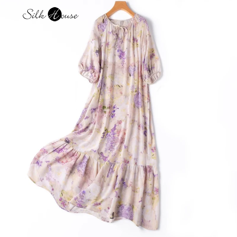 

2024 Women's Leisure Vacation Style 100% Natural Mulberry Silk 03 Double Crepe Raglan Lantern Sleeves Loose Ruffled Hem Dress