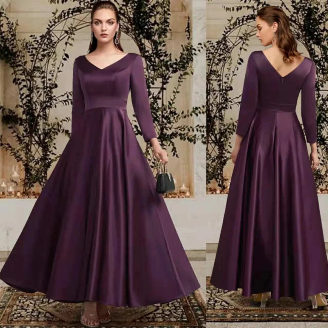

Elegant Long Satin V-Neck Mother of the Bride Dresses A-Line Pleated Asymmetrical Mother of Groom Dresses for Women
