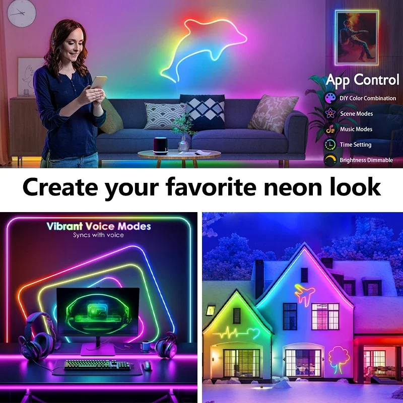 네온 스트립 빛 24V LED 네온 불빛 5m 10m 20m 30m 블루투스 APP 제어 야외 방수 유연한 네온 로프 라이트 룸 장식