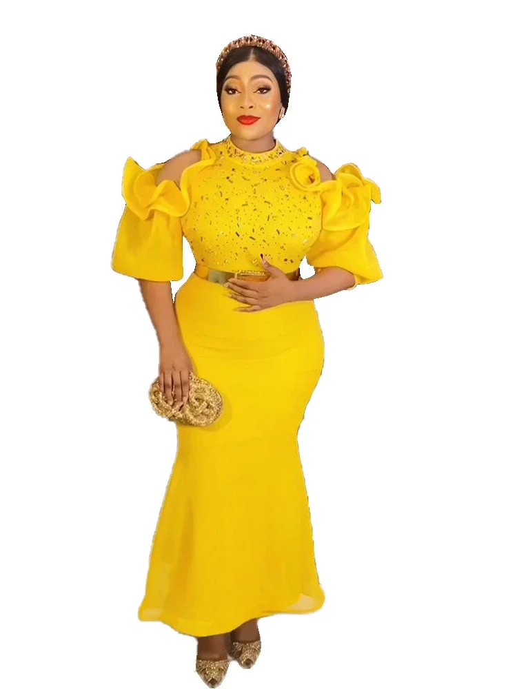 Stylish Sparkly Diamond Women Evening Party Dress High Collar Ruffles Cold  Shoulder Short Sleeve With Belt Wedding Occasion Gown - AliExpress