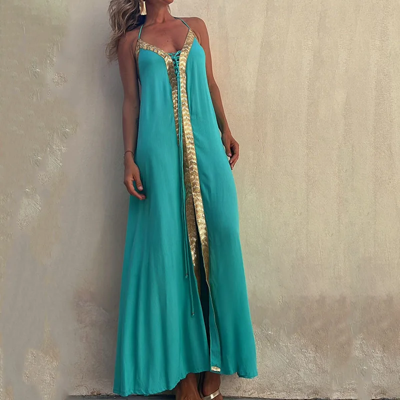 

Sexy Hollow Backless Patchwork Evening Dress New Lace Up Halter Holiday Long Dress Fashion Bohemian Sleeveless Split Women Dress