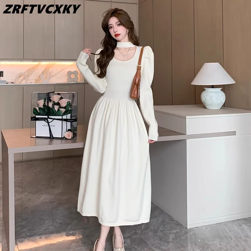 

French Hepburn Warm Knitted Long Dress For Women's Elegant Long Puff Sleeve Fashion Hollow Out Autumn Temperament Sweater Vestid