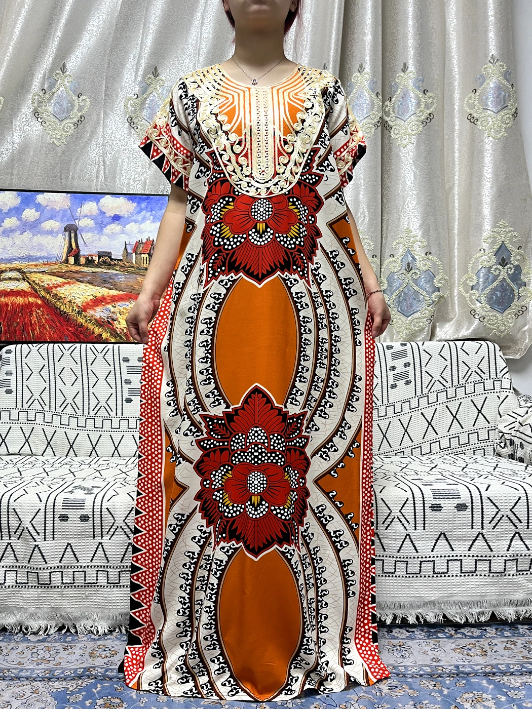 Muslim New Abayas For Women 2023 Traditional Appliques Printed Cotton Short Sleeves Islam Loose Fit Femme Robe With Belt Turban