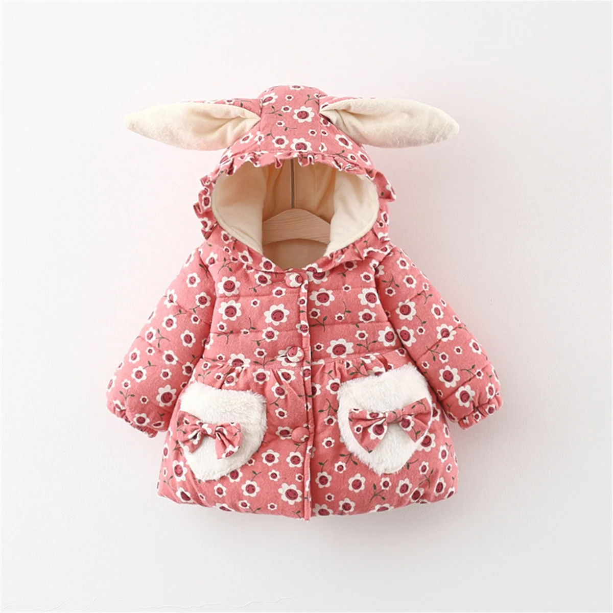 Kids Jackets Winter Coat Winter cotton jacket cartoon floral rabbit ear children's clothing girl baby clothing with waist cinched pink princess style