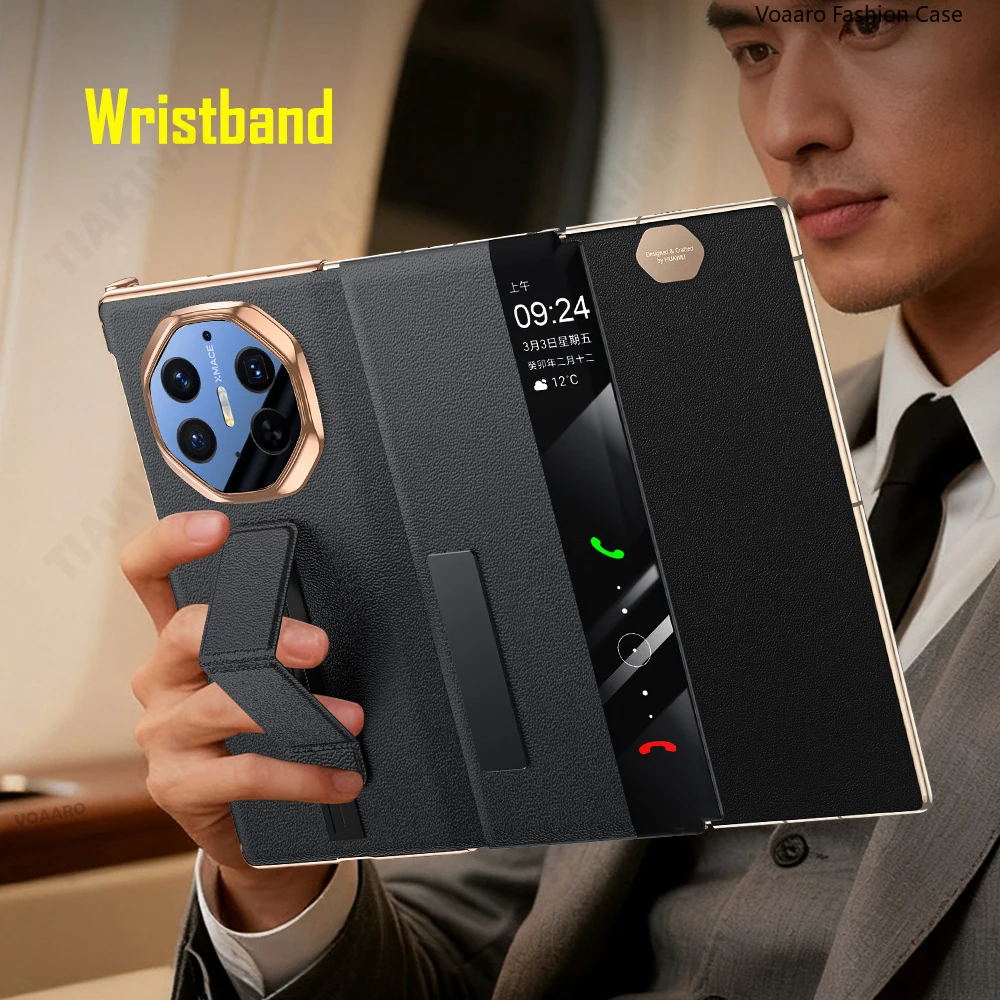 Genuine Leather Smart Touch Flip Case with Adjustable Wristband and Kickstand