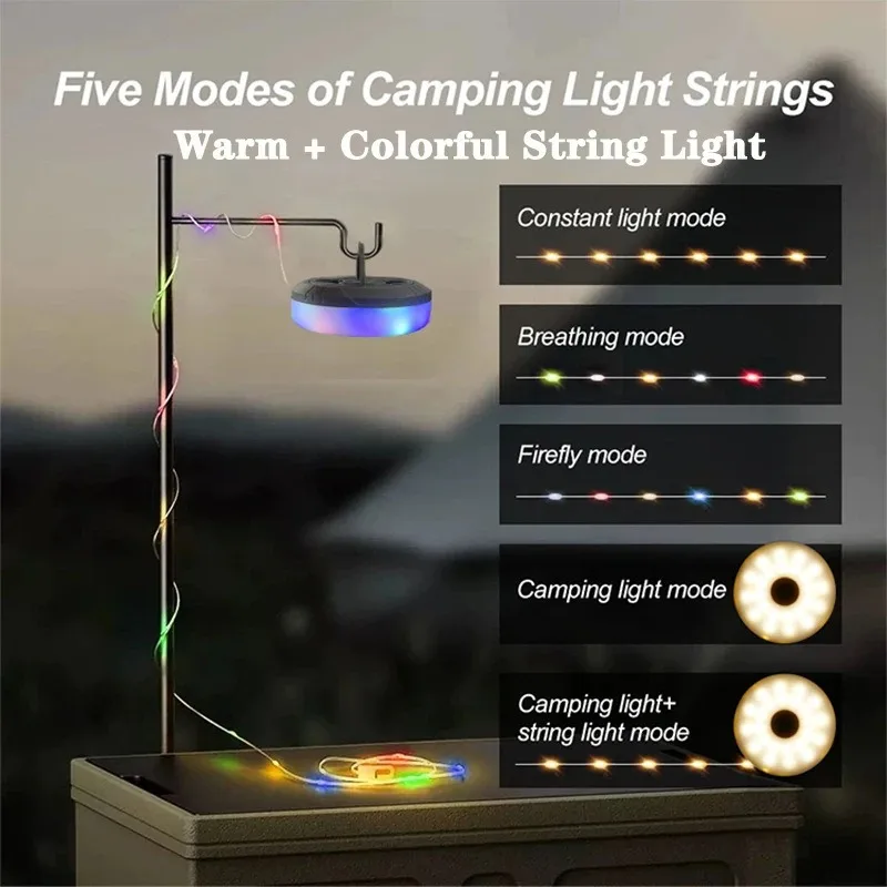 Camping Light LED USB Rechargeable 10Meter Recyclable Rolling String Light Waterproof Tent Lamp RGB Atmosphere Flashlight