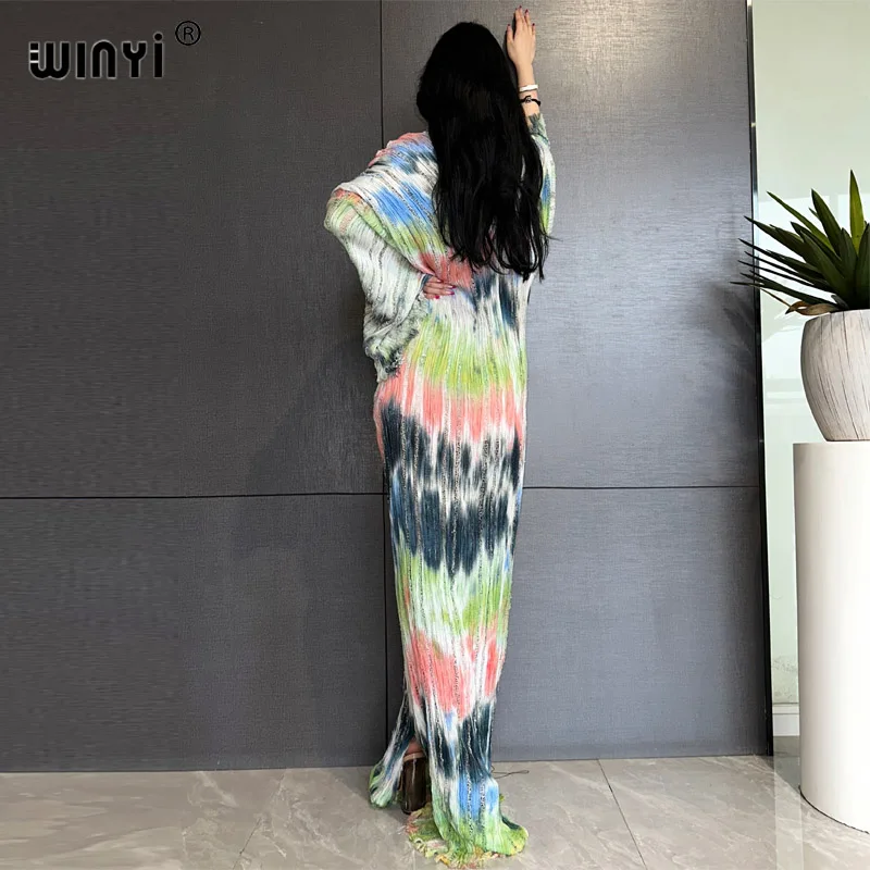 WINYI fashion print summer V-neck Knitted hollow sexy long dress Elegant party Evening dress Women Beachwear long sleeve dress