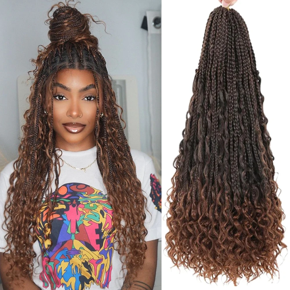 Crochet Hair Extensions Synthetic Goddess Box Braids Crochet Hair Pre-looped Bohemian Crochet Boho Box Braids Curly Ends 3X Braiding Hair