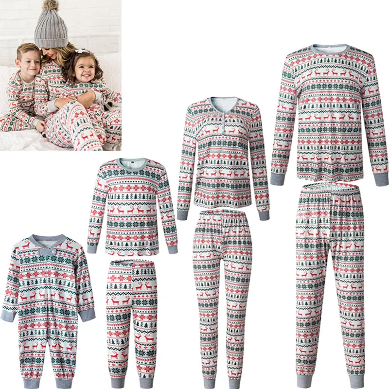 Christmas Family Matching Pajamas Set 2023 Mom Dad Kids Elk Print 2Pcs Clothes Baby Romper Family Look Soft Sleepwear Xmas Gift