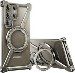 Enhanced Magnetic Frameless Phone Case with 360° Rotatable Stand - Metal Protective Shockproof Bumper for Galaxy S24 Ultra (Titanium)