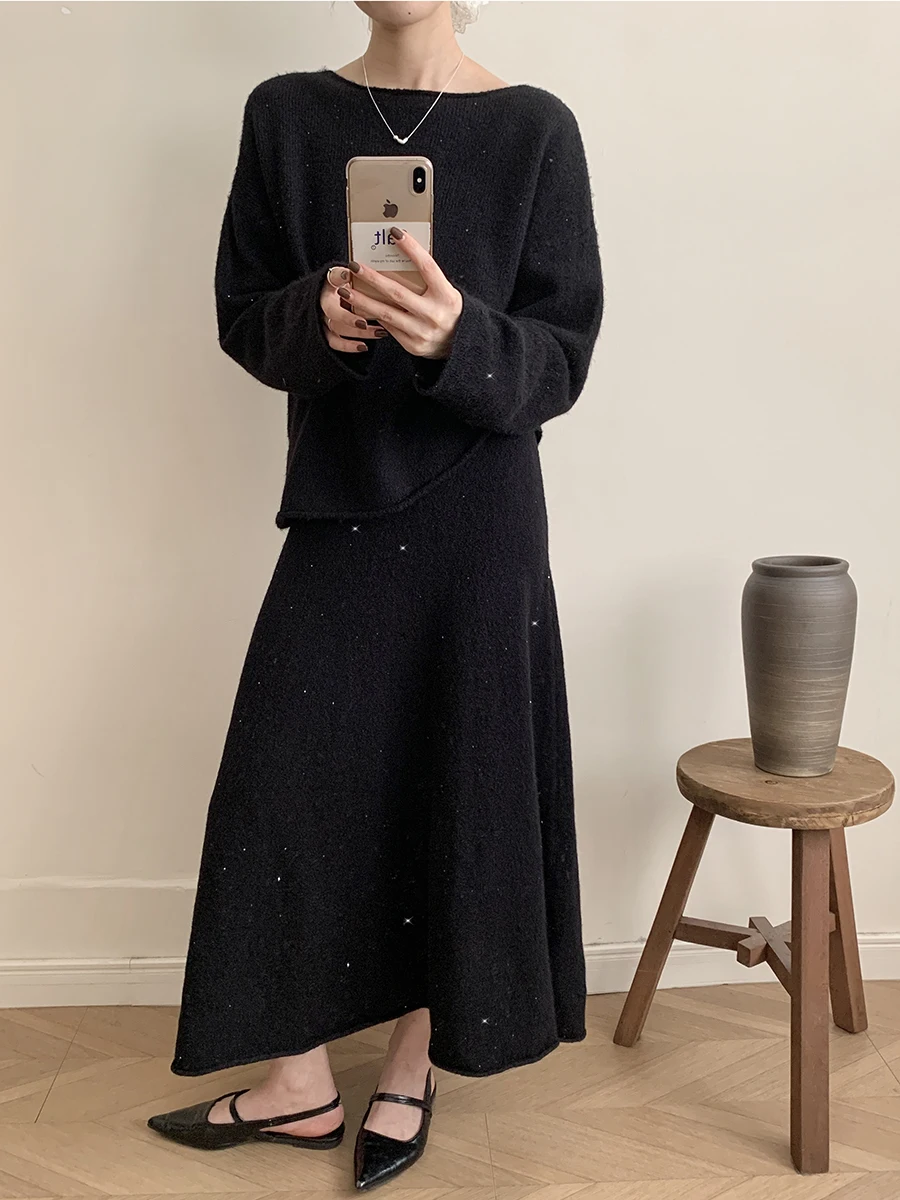 Sexy Soft Elegant Vintage Women Suits 2 Pieces Female Sets Slash Neck Sweater & Midi Dress Bling Knitted TrackSuit