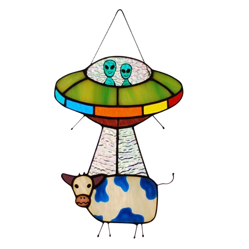 

UFO Cow Pendant Stained Glass Window Panel for Creative Painted Garden Decoration