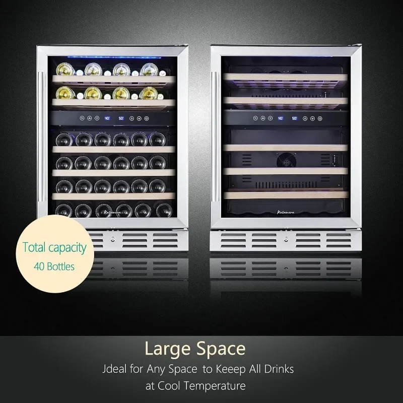 Kalamera 24 inch Wine Cooler, 46 Bottle-Dual Zone Built-in or Freestanding Fridge with Stainless Steel Reversible Glass Door