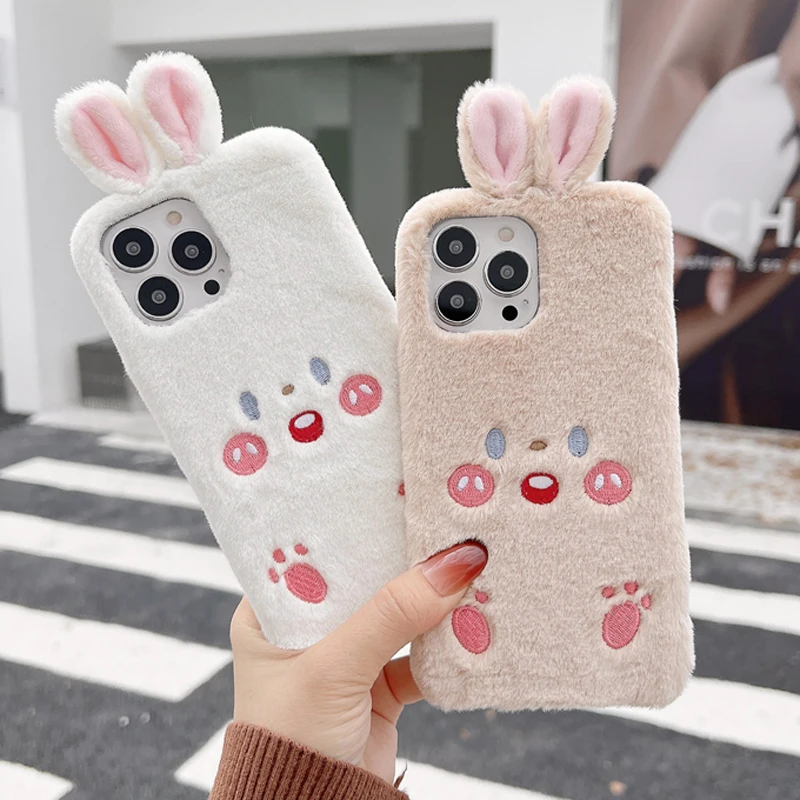 Милый 3D плюшевый чехол для телефона с кроличьими ушками iPhone 12 11 Pro Max 13 Mini X XR XS 7 8 Plus