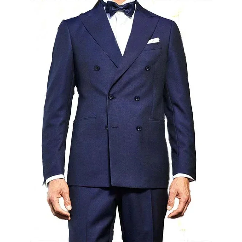 

Blue Double Breasted Formal Wedding Elegant Men Suit Groom Tuxedo Prom Slim Fit Blazers Hombre High Quality Custom 2 Piece Set