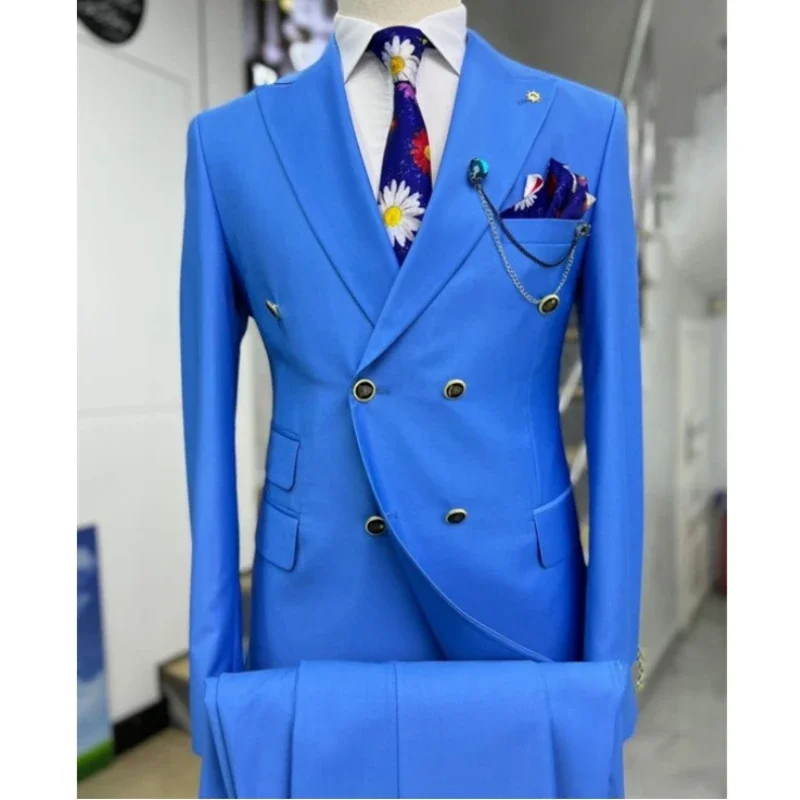 Double Breasted Formal Men Suits Slim Fit 2 Pieces Groom Tuxedos for Wedding Peaked Lapel Custom Male Blazer Prom Daily Wear