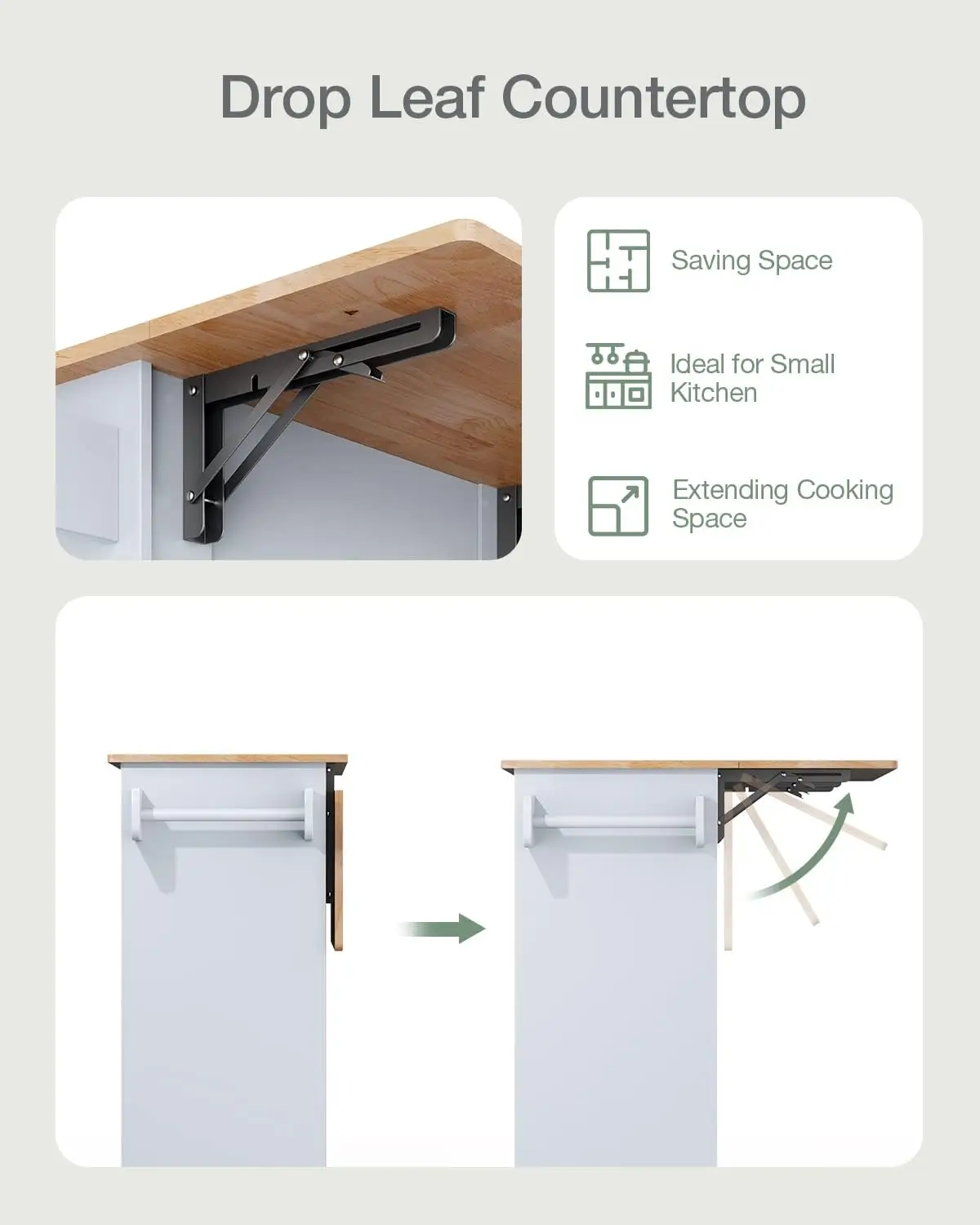 Island on Wheels Kitchen Cart with Rubber Wood Top, Mobile Kitchen Island with Double Storage Cabinet and Drawers, Table