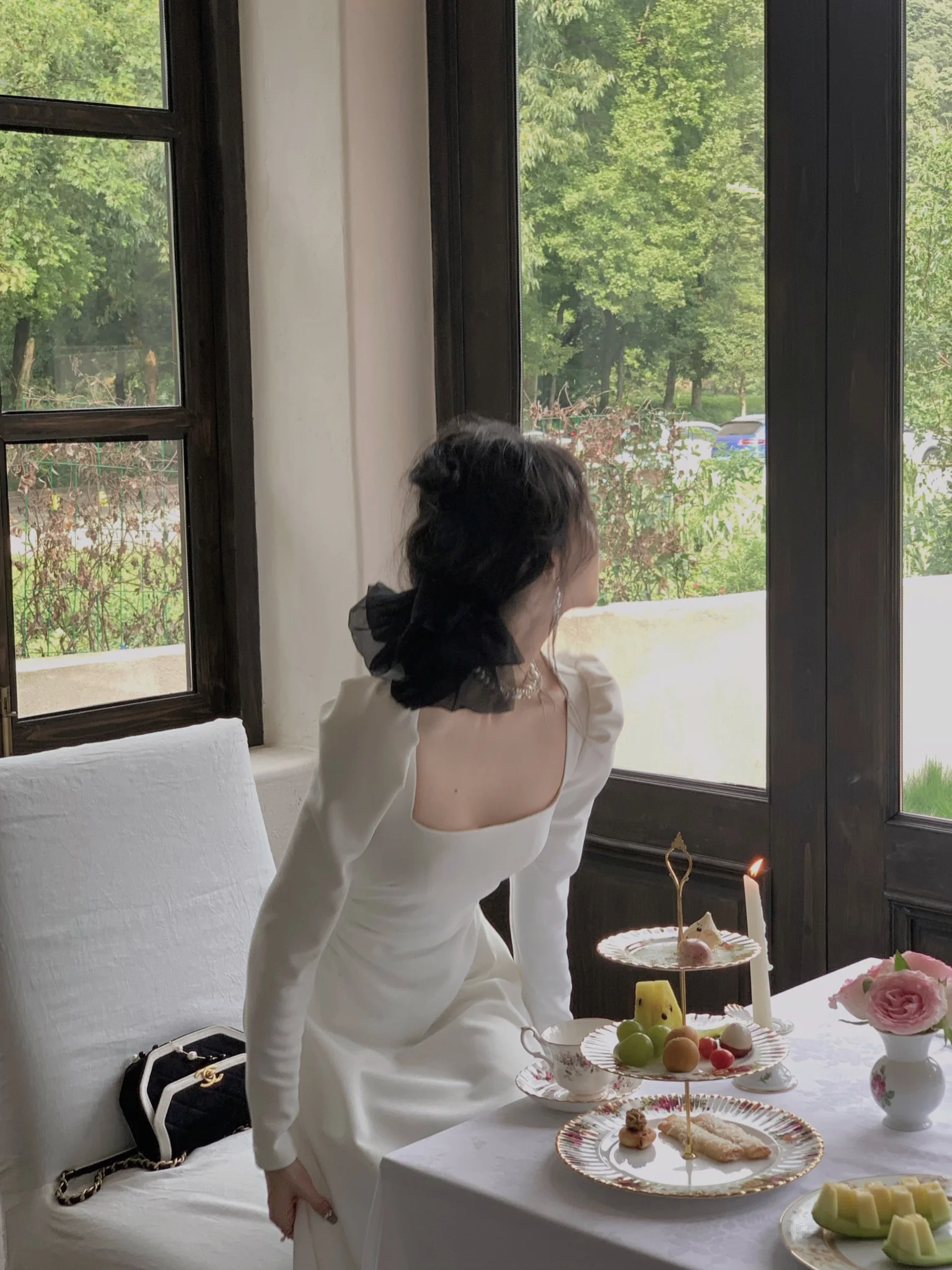 Spring New Elegant Square Collar Midi Party Dresses for Women Long Sleeve Black White Slim Vestidos Female High Waist Clothes