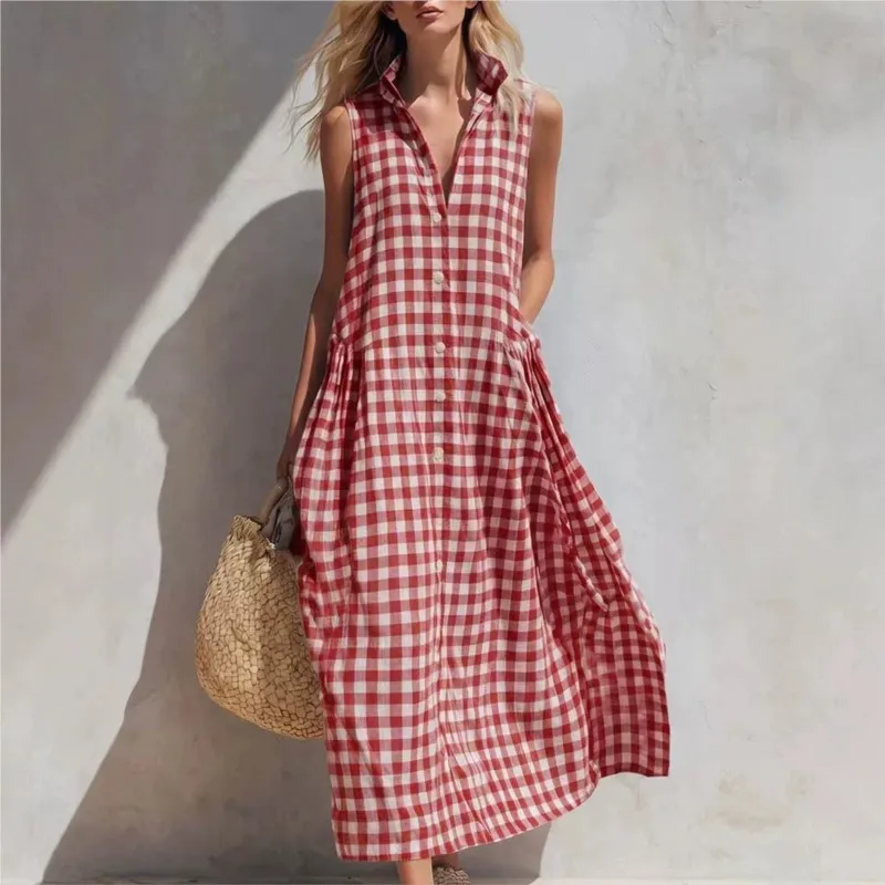 New Casual Plaid Printed Loose A-line Dresses Women's Fashion V-neck Sleeveless Button Long Dress Office Lady Party Dress