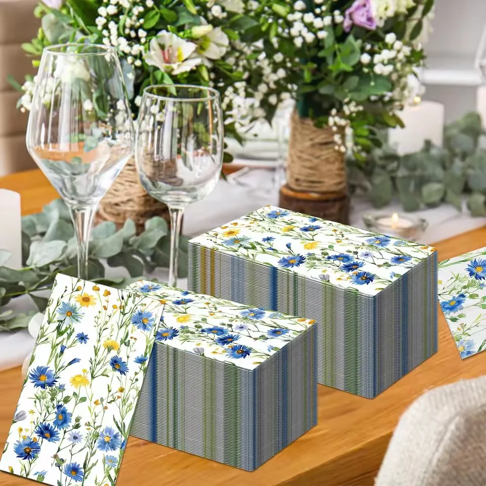 100PCS Fresh Style Spring Blue Yellow Wildflower Paper Napkins 2-Ply 34*40cm Disposable Hand Guest Napkins For Wedding Party