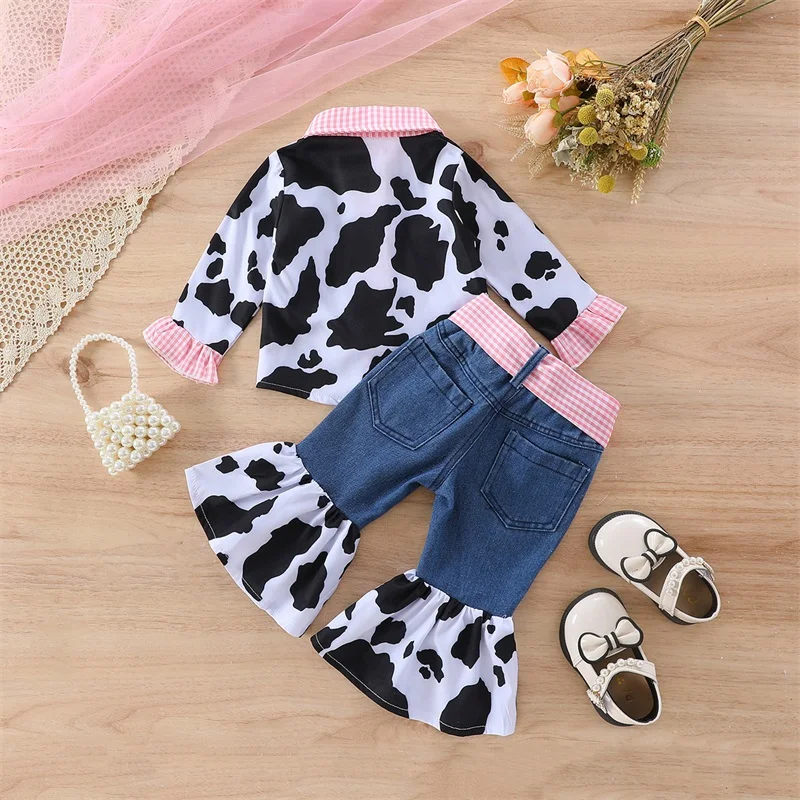 Focus norm 1-6y Mode kleine Mädchen Kleidung setzt 2 stücke Kuh Leopard Revers Hals Rüschen Button Down Shirt Flare Jeans hose mit Gürtel – Detail 8