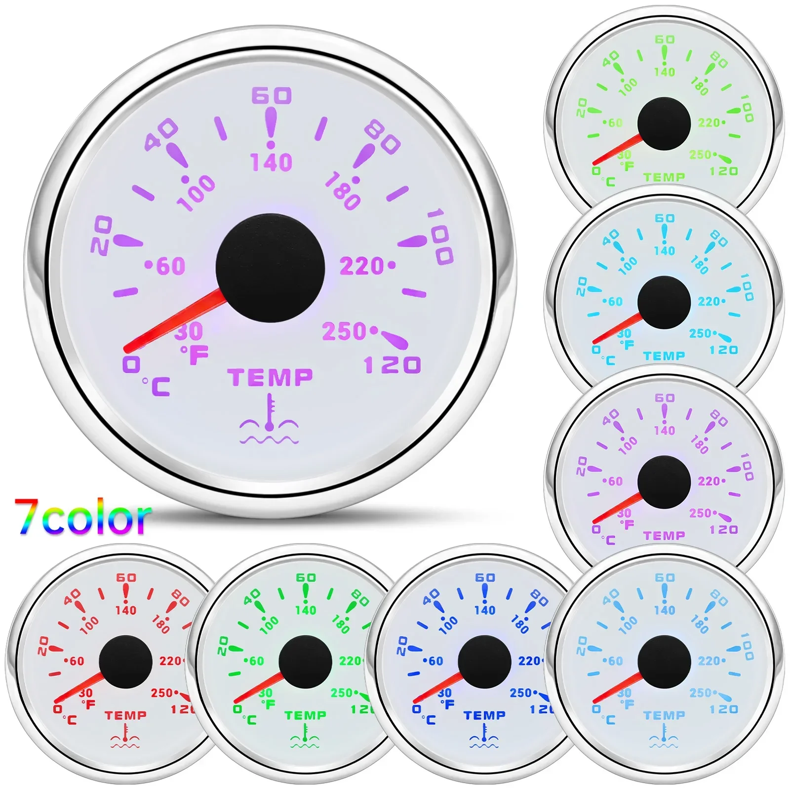 7 Colors Backlight 52MM Water Temperature Gauge 0~120℃ Water Temp Sensor 1/8NPT