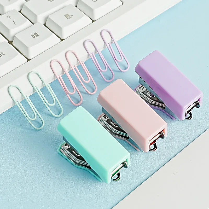 Portable mini stapler small stapler office supplies macaron color paper clip set