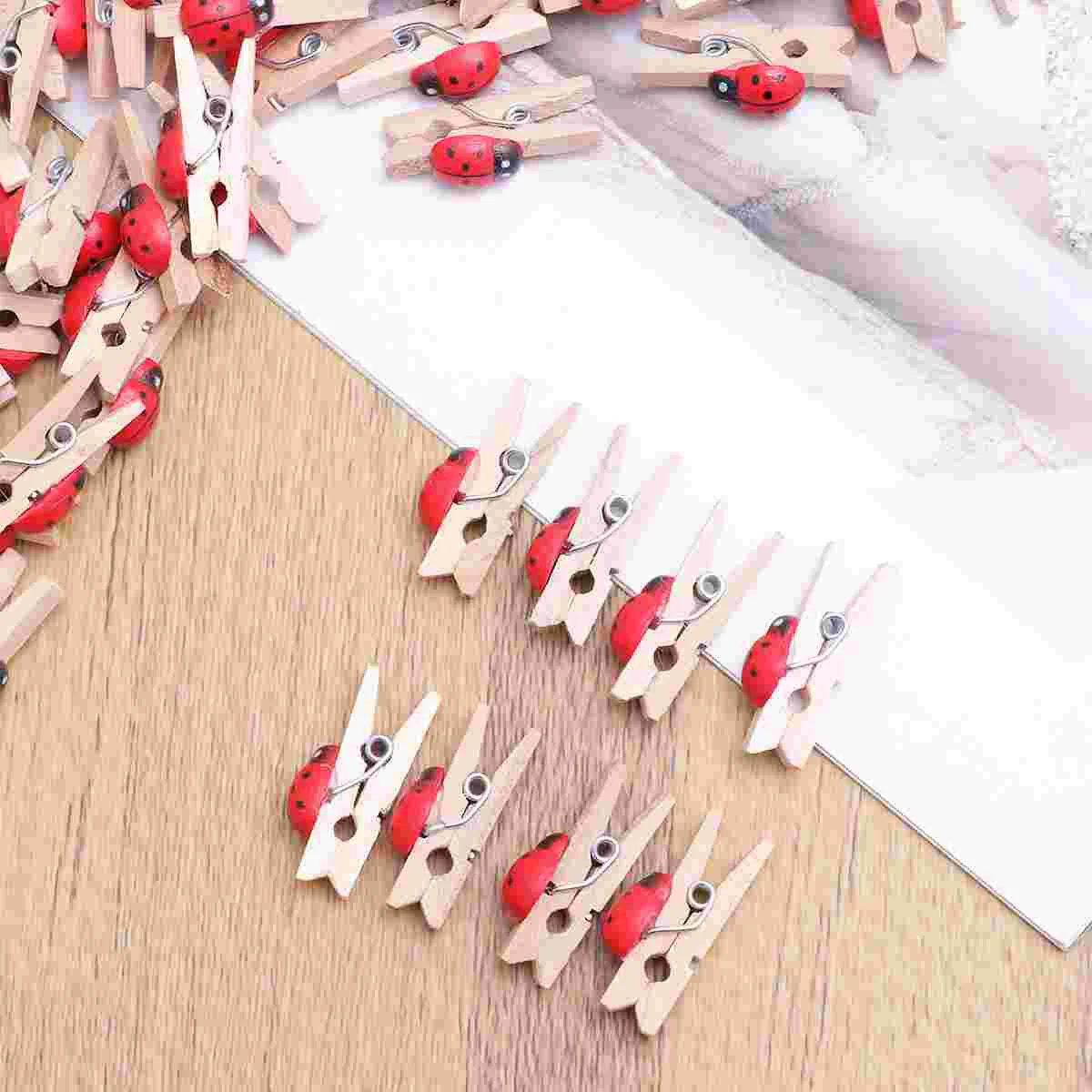 

100Pcs Lovely Wooden Pegs Handmade Red Beetle Photo Clips Note Memo Holder Craft Clips Ornaments Snack Clips for Party Favor