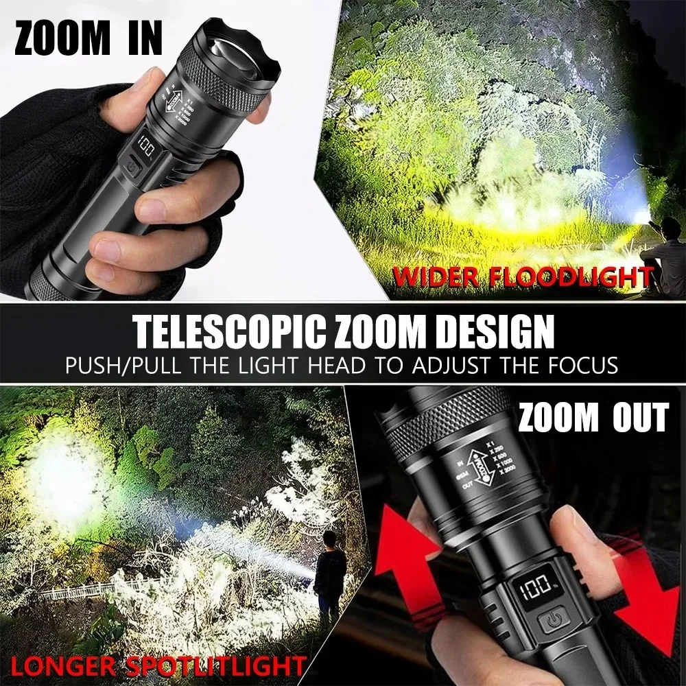 Wiederaufladbare LED-Taschenlampe 100000LM Superhelle Taktische Langstrecken-Taschenlampe Wasserdicht für Outdoor-Camping Angeln Laterne – Detail 5