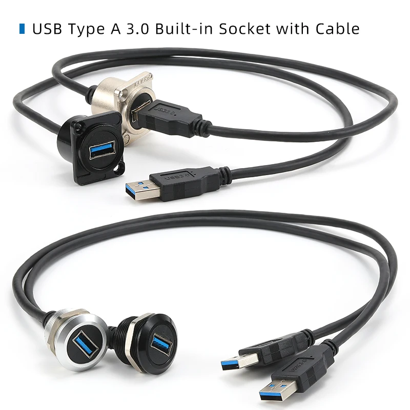 0.5-2m Metal USB 3.0 Data Extension Cable USB TypeA Connector Flush Mount Adapter Socket Wires Phone Car Truck Moto Industry