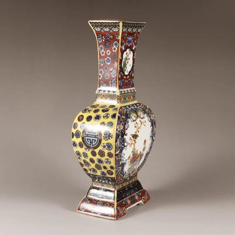 Qing Dynasty Yongzheng Enamel Colored Square Flower Bird Large Belly Flat Vase Appreciation Antique Home Ceramics Ornament ZC804 6