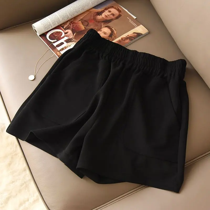 Summer New High Street Oversize Wide Leg Trousers Women High Waist Elastic Waist Pockets Comfortable Hot Pants All-match Shorts