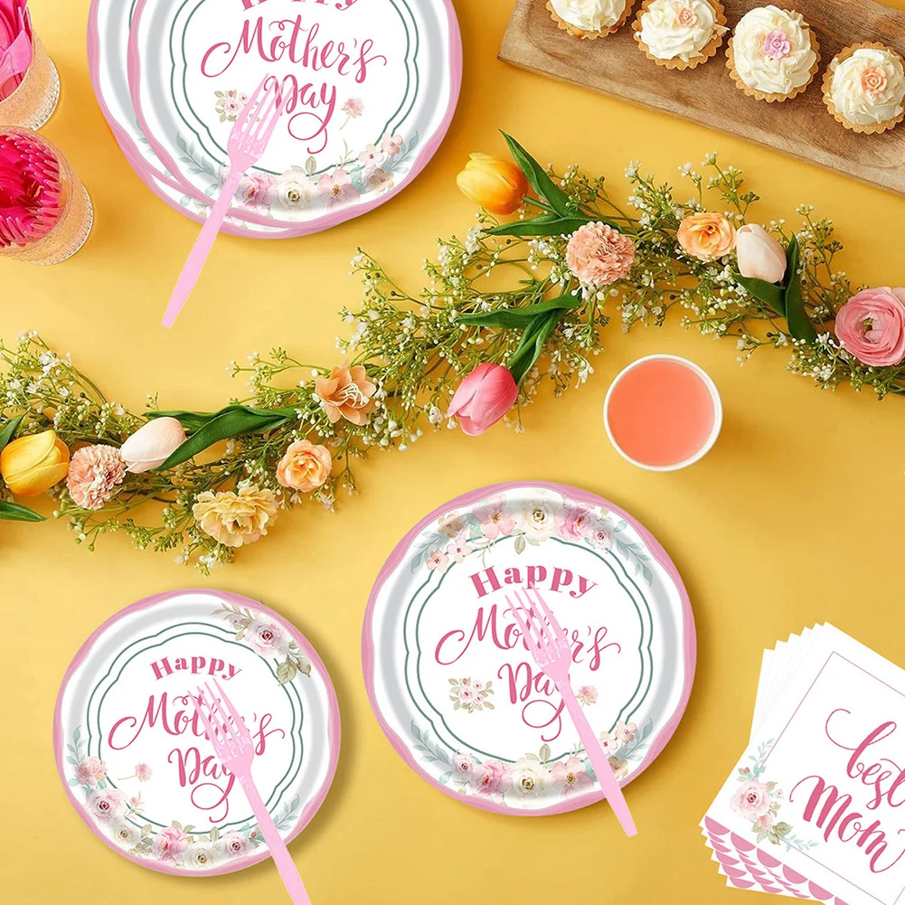 Disposable Tableware Set Pink Flowers Theme Mother's Day Party Decoration Dinner Plates Dessert Plates Napkins Paper Cups Straws